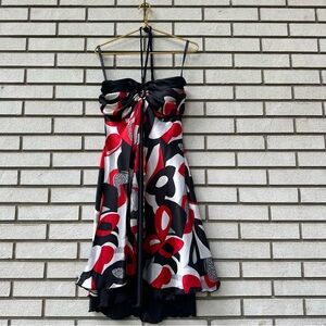 Bisou Bisou Y2K Red Black White Abstract Halter Dress Sz 12 Homecoming Hoco